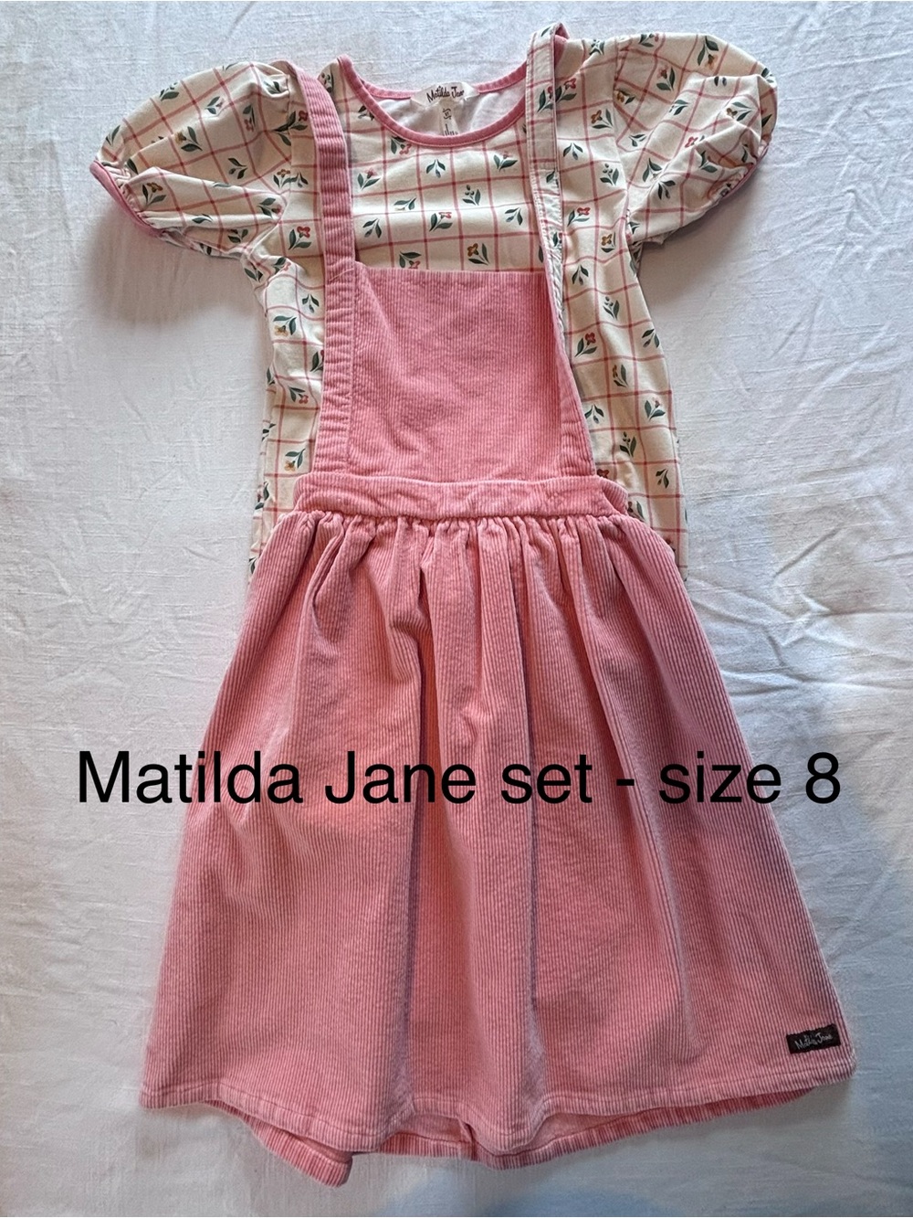 Matilda Jane Pink Corduroy Pinafore with Floral Grid Top